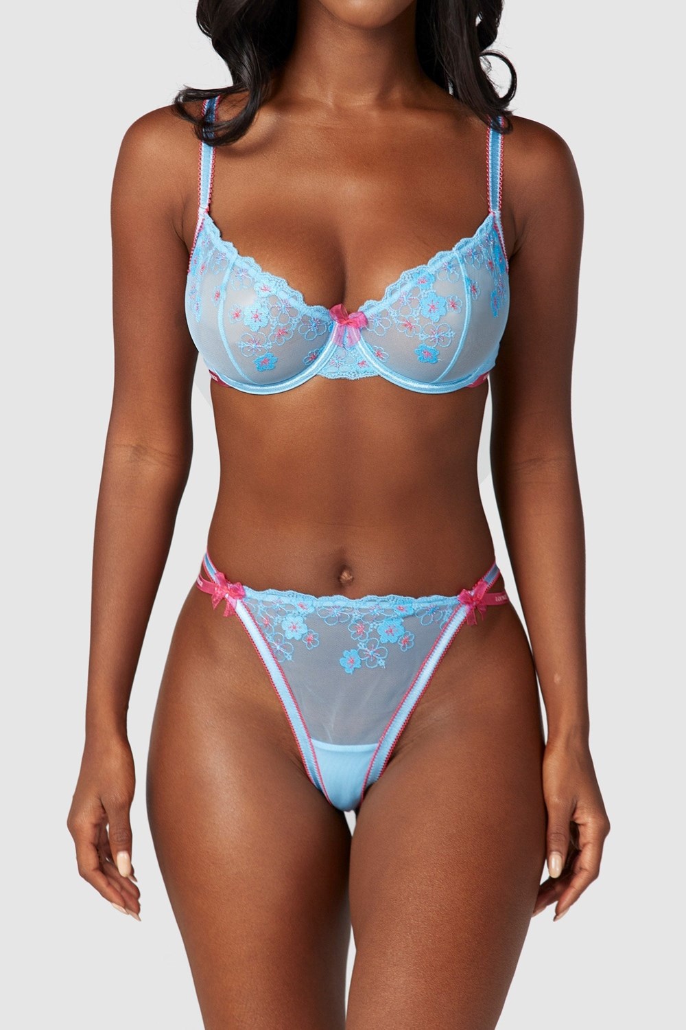 Lounge Underwear Floral Embroidered Balcony Bra & String/Briefs Set Blå | FQHC-06439