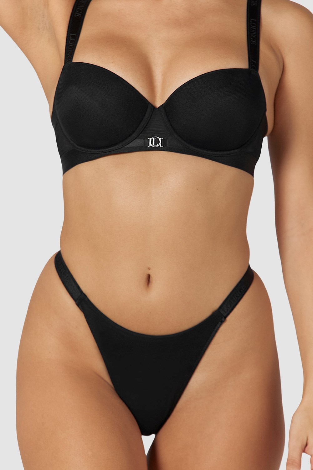 Lounge Underwear Smooth Mesh T-shirt Bra & String/Briefs Set Svarta | XDUS-64153